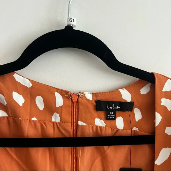 B98 NEW Lulu’s Oh My Darlin' Orange Print Puff Sleeve Mini Dress - Picture 5 of 8